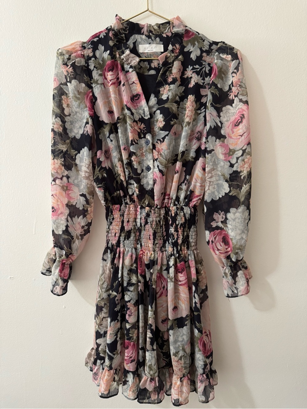 Moirai Floral Smocked Waist Black & Pink Women's Dress